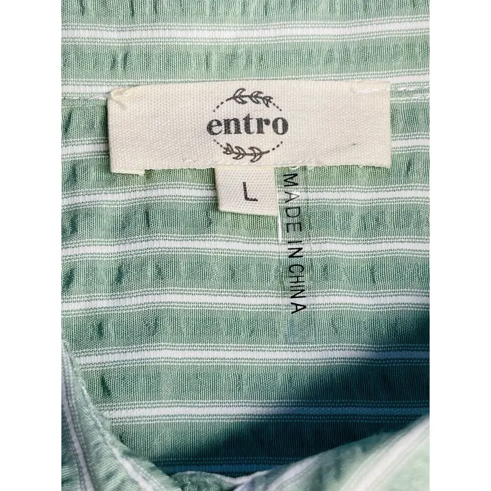 Entro sage green striped blouse L scalloped collar button front cotton blend - Picture 5 of 15